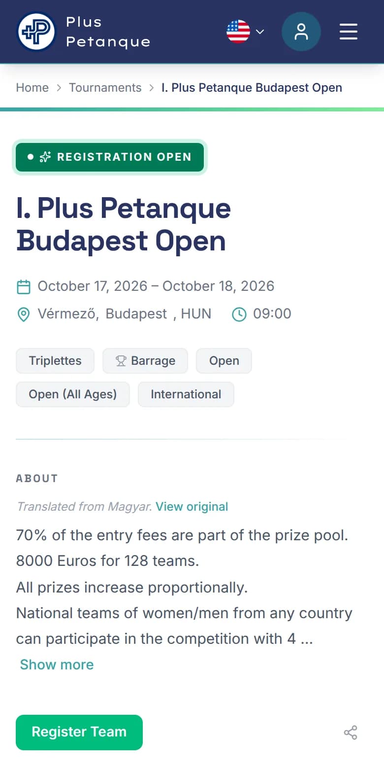 Tournament page on a phone